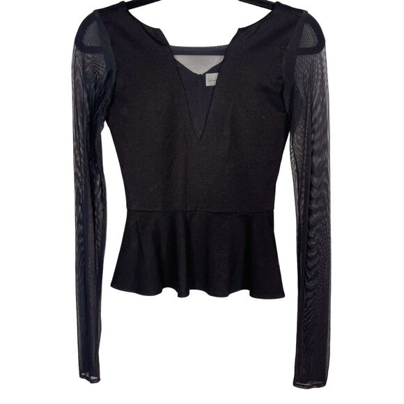 Amanda Uprichard Size P Black Mesh Peplum Long Sleeve Top Deep V Cut Out Stretch - Picture 1 of 14